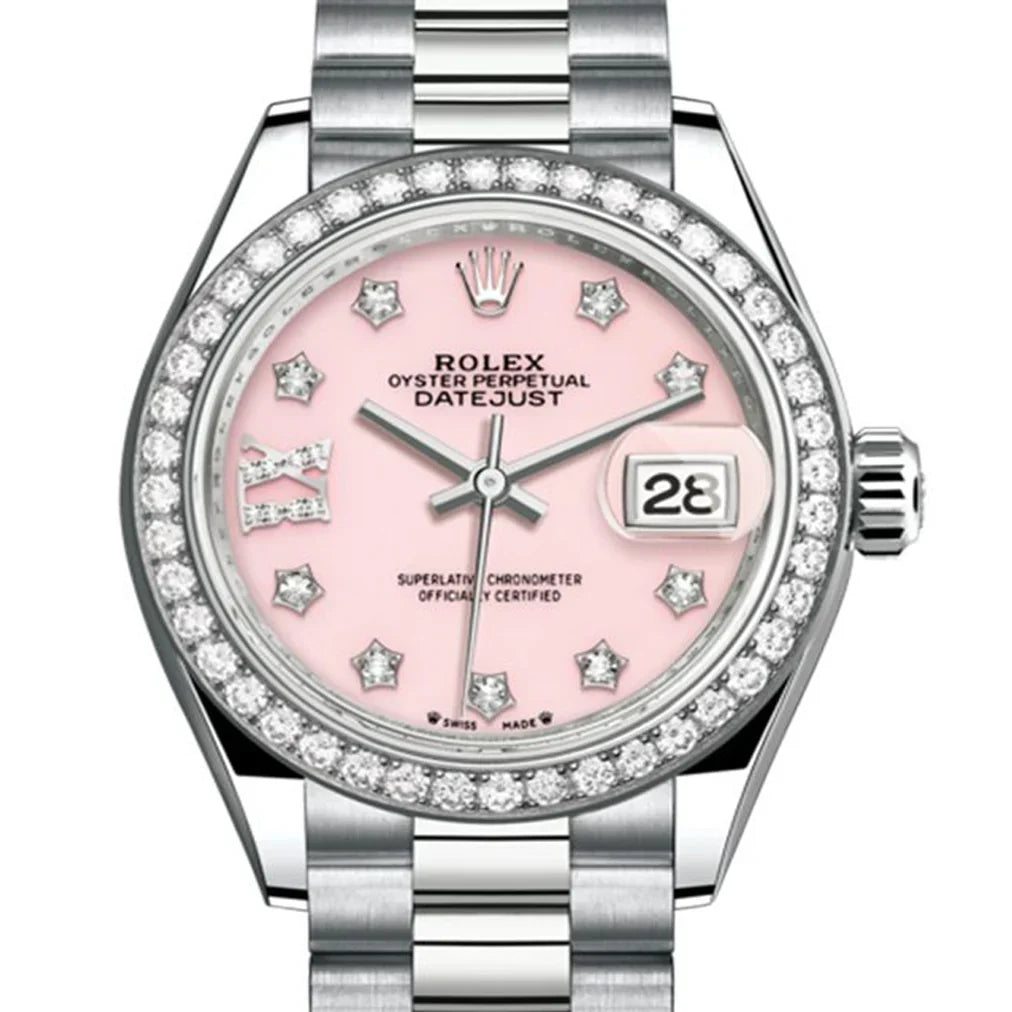 Rolex Lady Datejust 28 White Gold Pink Opal Diamond IX Dial & Diamond Bezel President Bracelet 279139RBR - BRAND NEW
