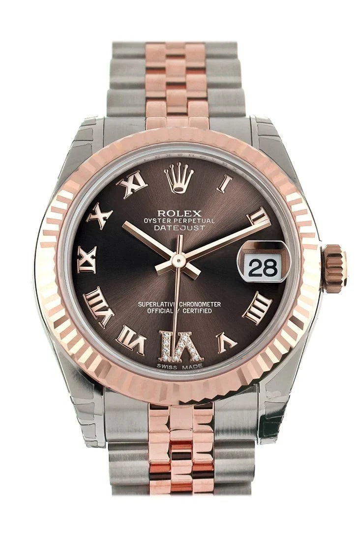 Datejust 31 Chocolate Roman Large VI set with Diamond Dial Fluted Bezel 18K Rose Gold Two Tone Jubilee Ladies Watch 178271.