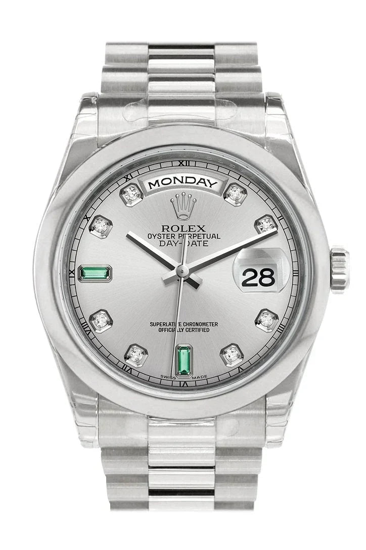 Day Date 36 Rhodium Diamonds Emeralds Dial President Men's Watch 118206.