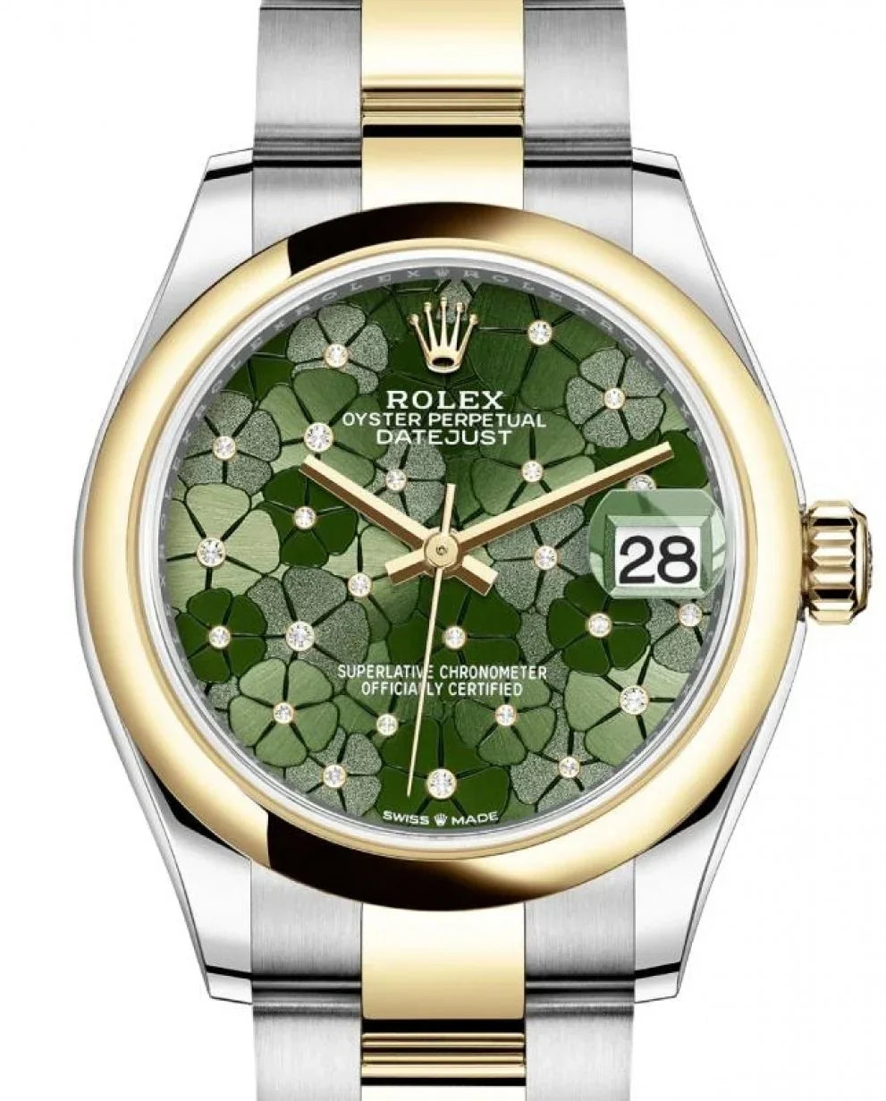 Rolex Datejust 31 Yellow Gold/Steel Olive Green Floral Motif Diamond Dial & Smooth Domed Bezel Oyster Bracelet 278243 - BRAND NEW