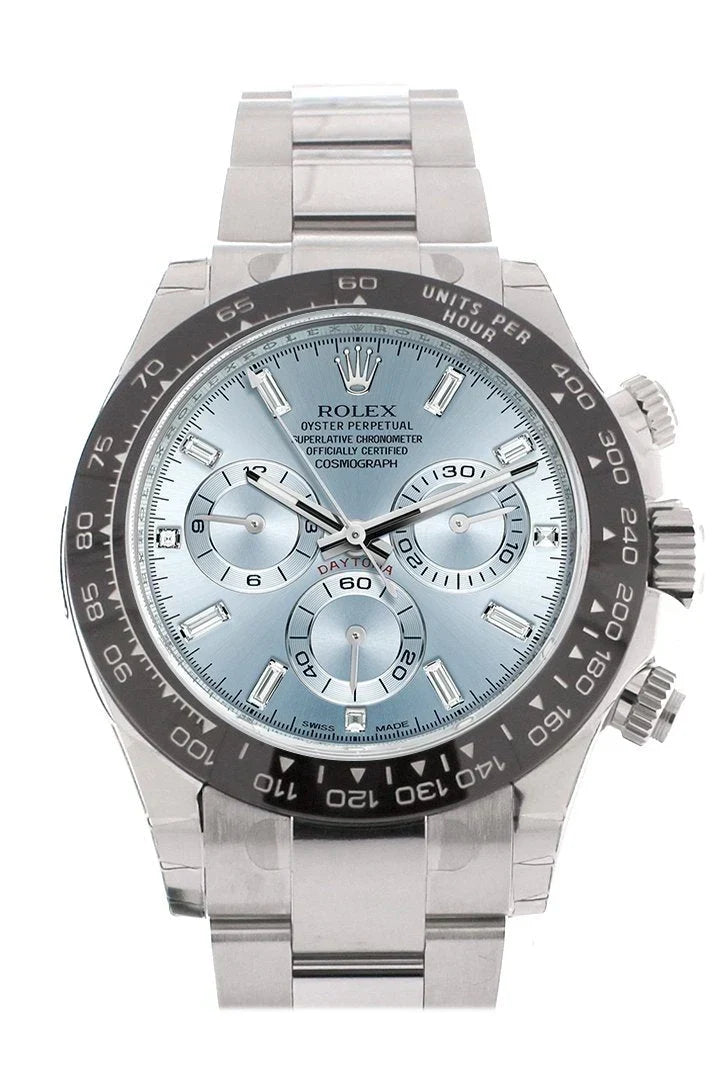 Cosmograph Daytona Ice Blue 8 Baguette Diamond Platinum Mens Watch 116506.