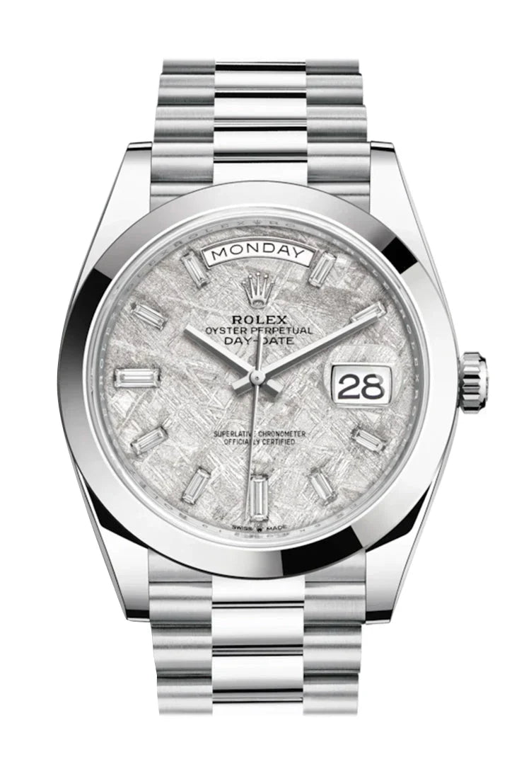 Day-Date 40 Meteorite Baguette Diamond Dial Dial Dome Bezel Platinum President Automatic Men's Watch 228206.