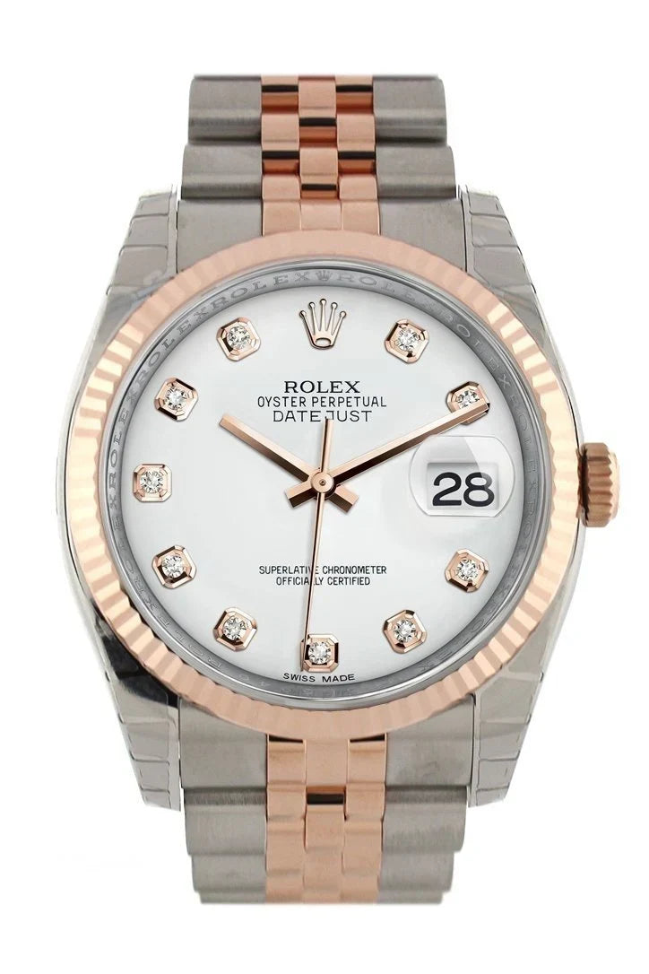 Datejust 36 White set with diamonds Dial Fluted Steel and 18k Rose Gold Jubilee Watch 116231.