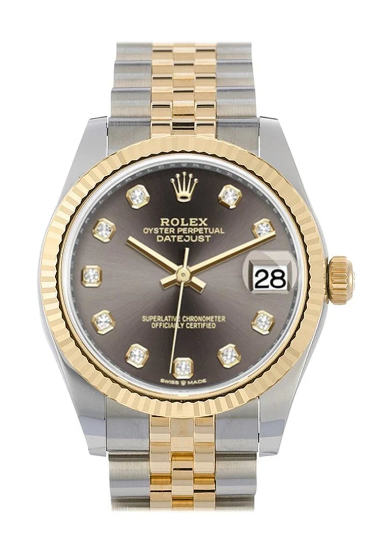 Datejust 31 Dark Grey Diamonds Dial Fluted Bezel 18K Yellow Gold Two Tone Jubilee Watch 278273 NP.