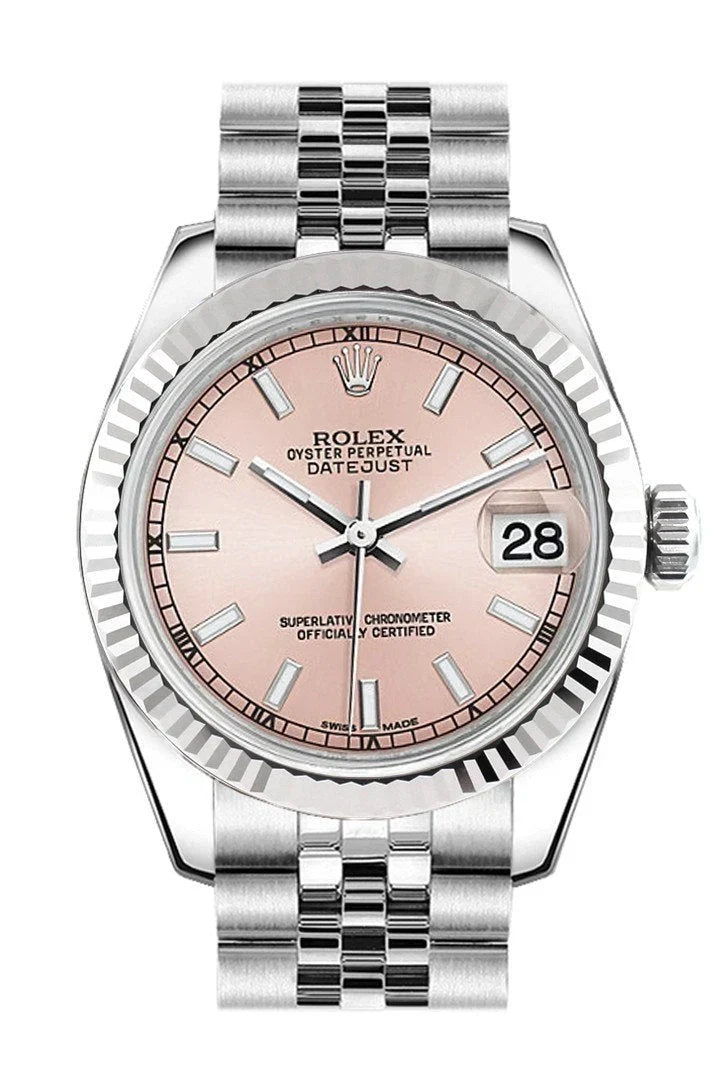 Datejust 31 Pink Dial White Gold Fluted Bezel Jubilee Ladies Watch 178274.