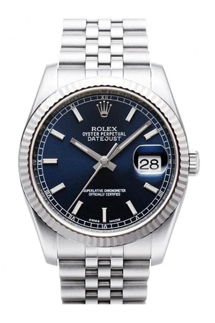 Datejust 36 Blue Dial 18k White Gold Fluted Bezel Stainless Steel Jubilee Watch 116234.