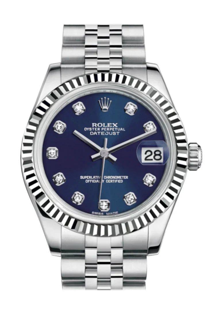 Datejust 31 Blue Set Diamonds Dial White Gold Fluted Bezel Jubilee Ladies Watch 178274.