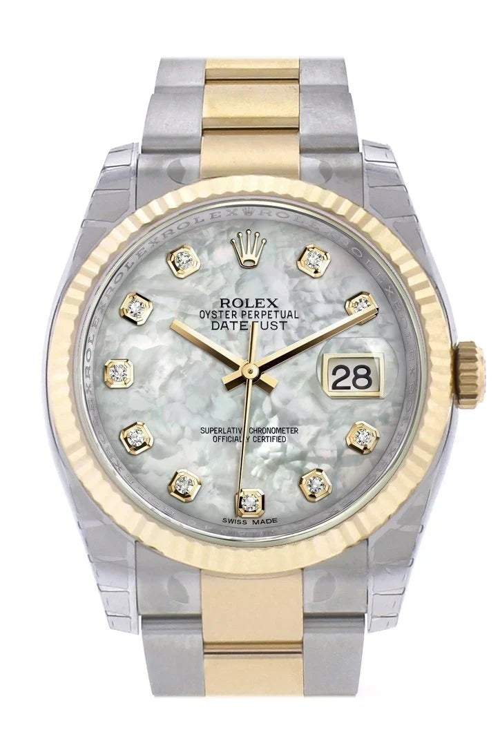 Datejust 36 White mother-of-pearl Diamond Dial Fluted 18K Gold Two Tone Oyster Watch 116233.