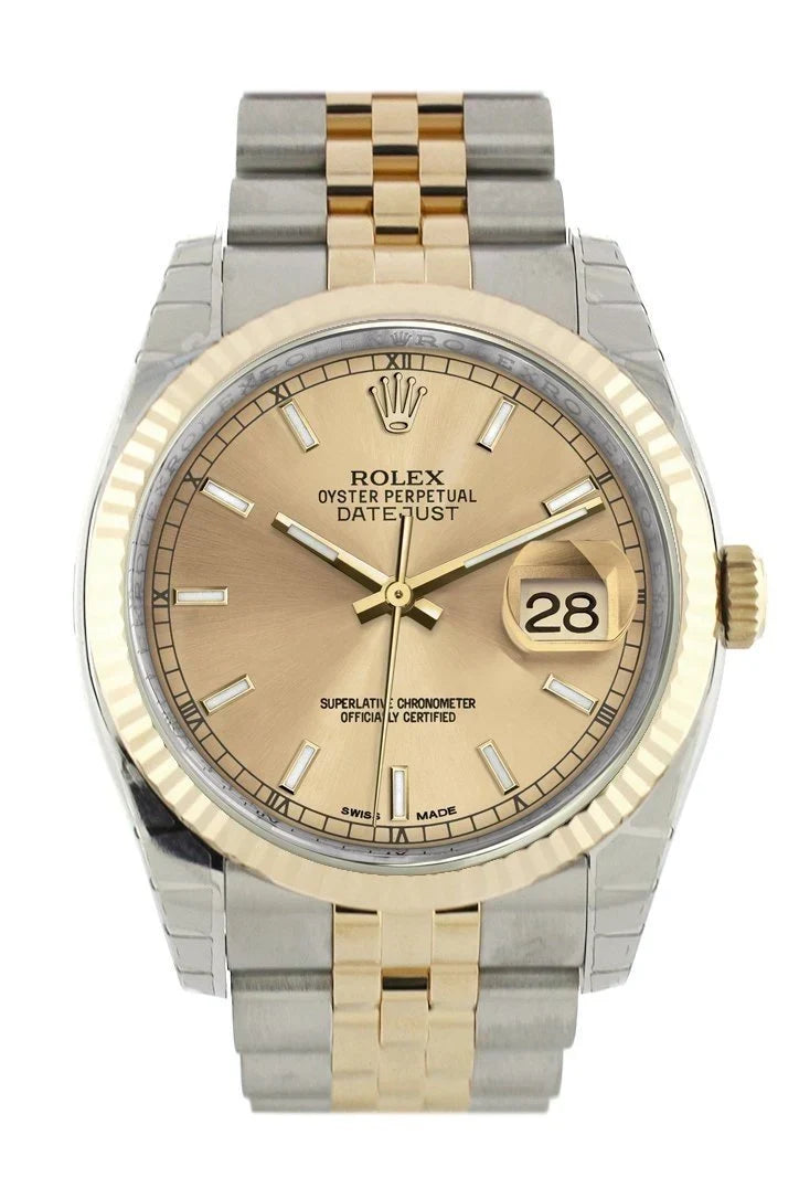 Datejust 36 Champagne Dial Fluted 18K Gold Two Tone Jubilee Watch 116233.